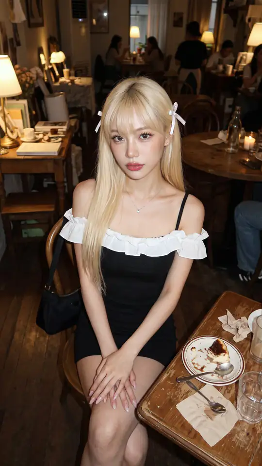 A blonde person with white hair bows wears a black dress with white ruffled trim while sitting at a wooden restaurant table.