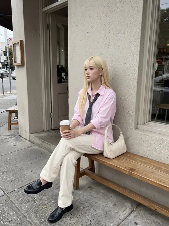 A blonde person in a pink shirt, loose dark tie, cream trousers, and black loafers sits on a bench outside a café holding a takeaway cup.