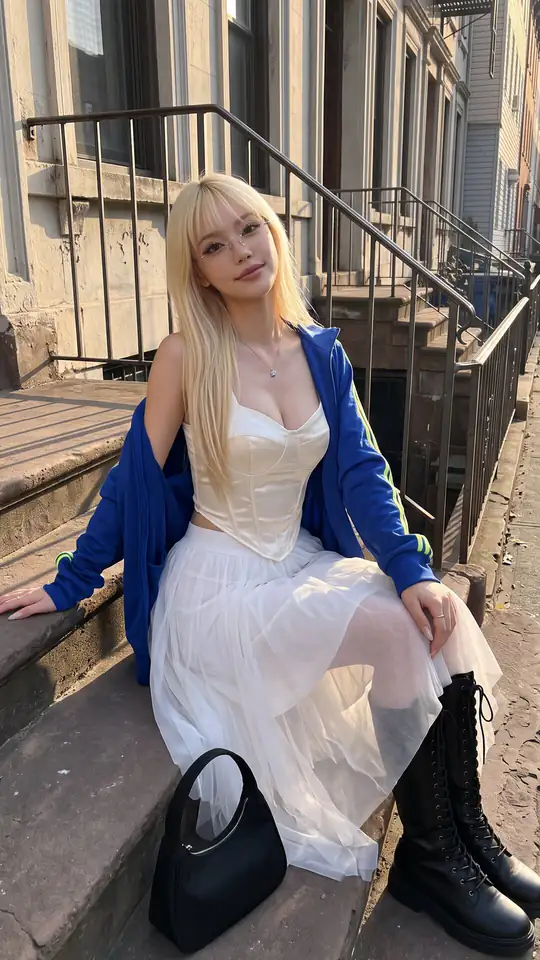 A blonde person wearing glasses, a blue track jacket, white corset top, layered white skirt, and tall black lace-up boots sits on outdoor stone steps.
