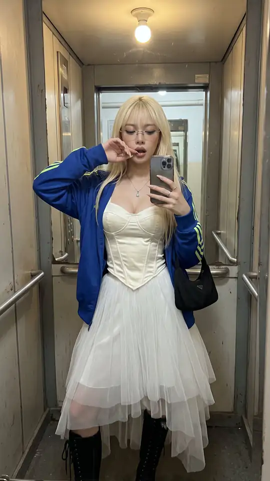 A blonde person in glasses, a blue track jacket, white corset top, layered white skirt, and black boots takes a mirror selfie inside an elevator.