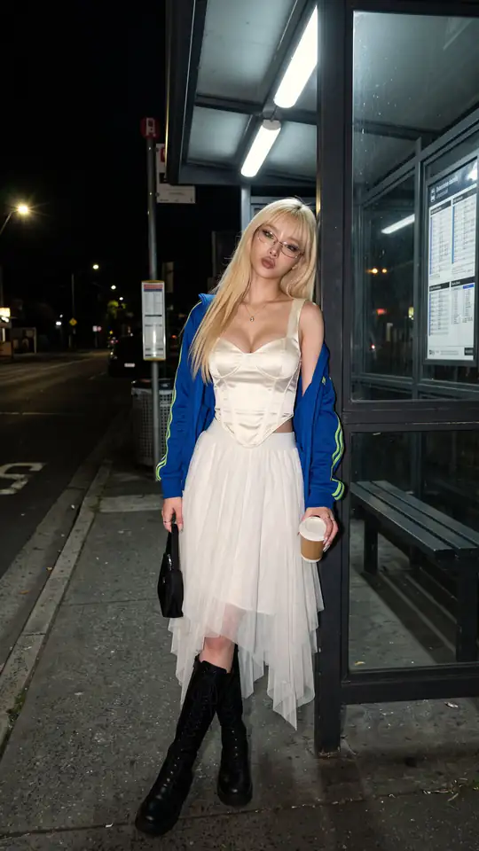 A blonde person in glasses, a blue track jacket, white corset top, layered white skirt, and tall black boots stands beside a bus shelter at night holding a takeaway cup and black handbag.