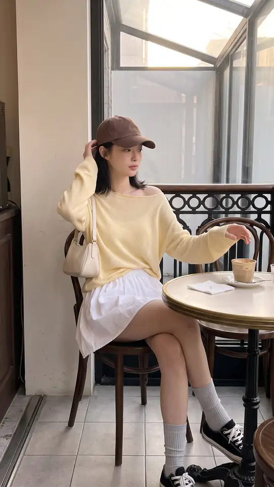 A woman in a pale yellow sweater and brown cap sits beside a café table with a coffee.