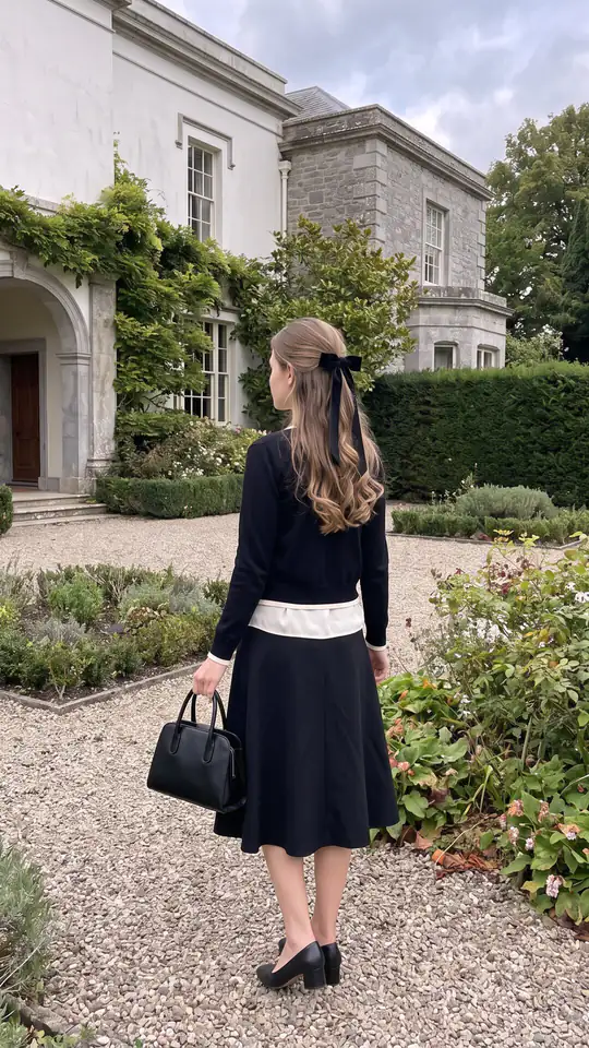 A woman wearing a black cardigan and midi skirt carries a handbag along a gravel path outside a garden-lined house.