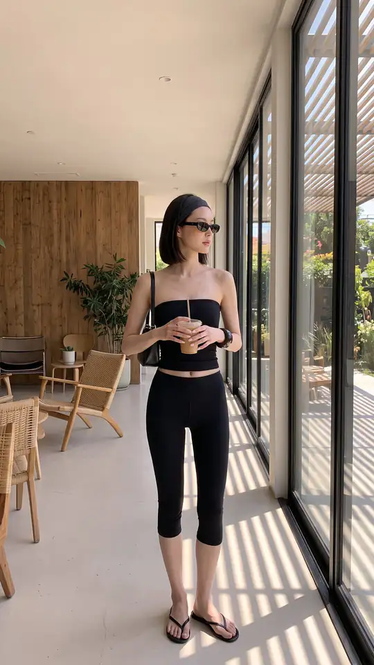 A woman wearing sunglasses and a black outfit holds an iced drink beside tall windows in a sunlit lounge.