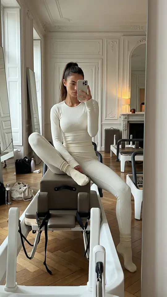 A woman in cream activewear takes a mirror selfie while sitting on Pilates equipment in an ornate studio.