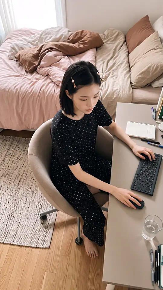 A woman in dark dotted pajamas sits at a bedroom desk with a keyboard and mouse.