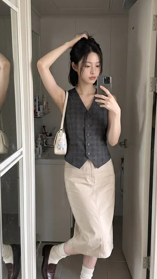 A woman in a charcoal vest and cream skirt takes a bathroom mirror selfie with one hand resting on her hair.
