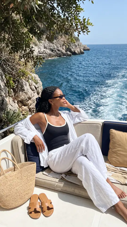 A woman in white trousers and an open white shirt relaxes on a boat beside a rocky coastline.