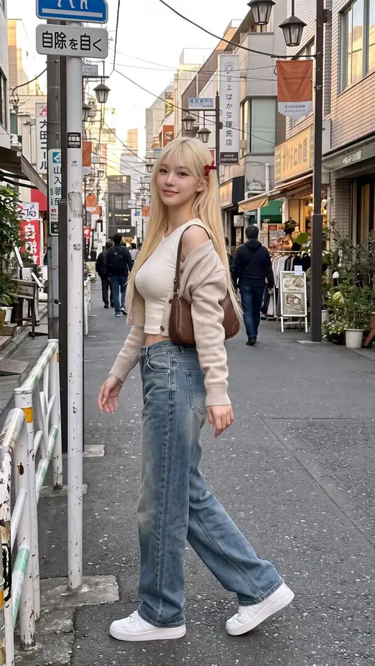 A blonde woman wears a cream cardigan, white cropped top, jeans and white sneakers on a shop-lined street.