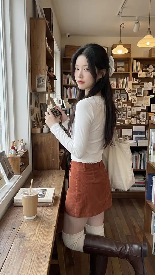 A woman wearing a white top, rust skirt, and brown boots holds a camera beside a bookshop café window.