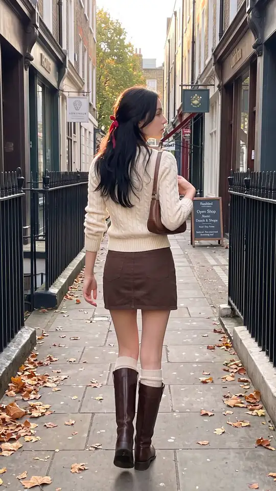 A woman in a cream cable-knit sweater, brown miniskirt, and tall boots stands on a narrow street scattered with autumn leaves.