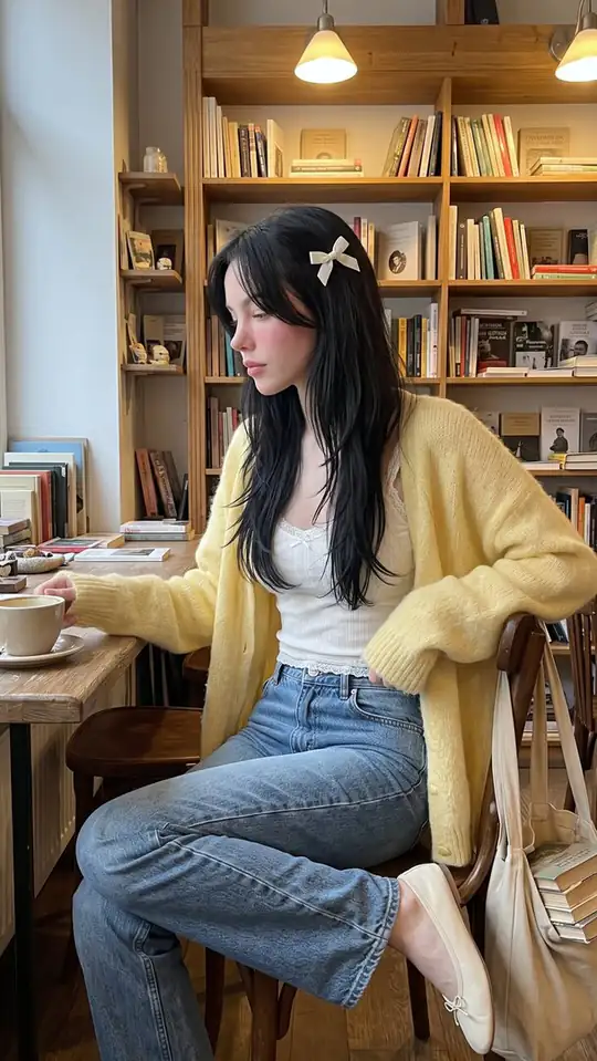 A woman in a yellow cardigan, white top, jeans, and cream flats sits beside coffee in a book-lined café.