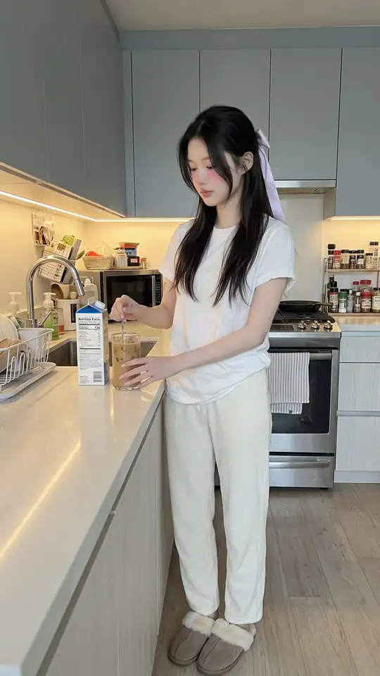 A woman in a white T-shirt, loose cream trousers and slippers stirs an iced drink at a kitchen counter.
