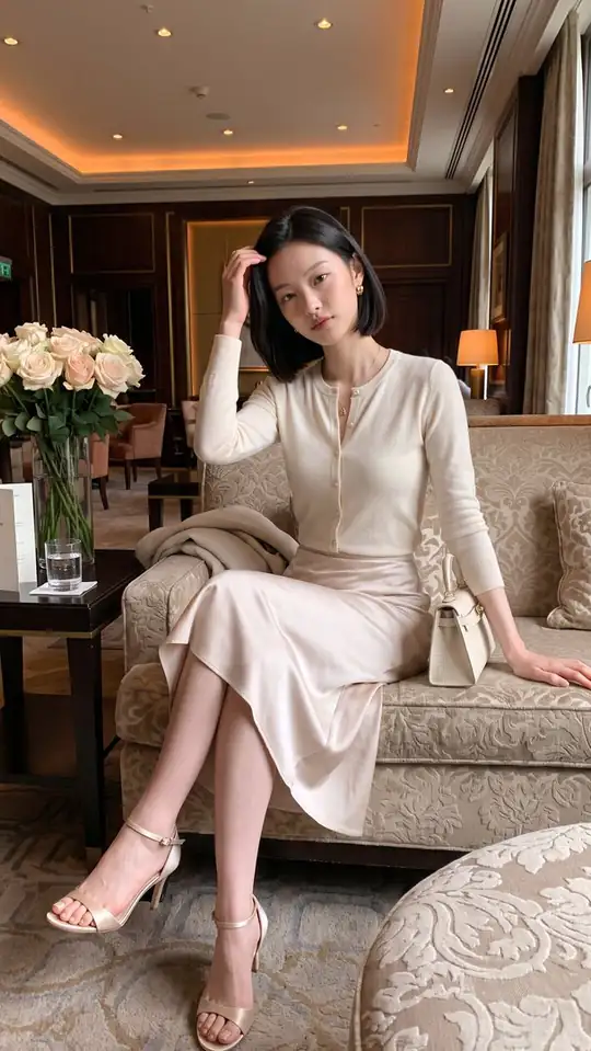 A woman in a cream cardigan, satin skirt and heels sits on a patterned lounge sofa.