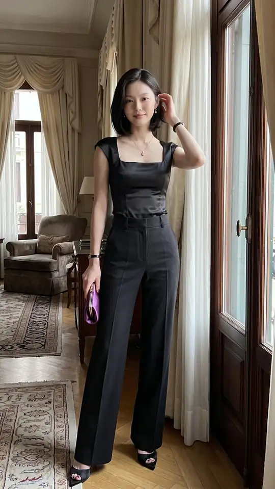 A woman in a black satin top, wide-leg trousers and heels holds a purple clutch beside tall windows.