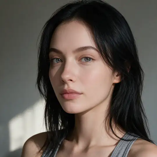 An AI influencer from her reference set, head three quarter view.