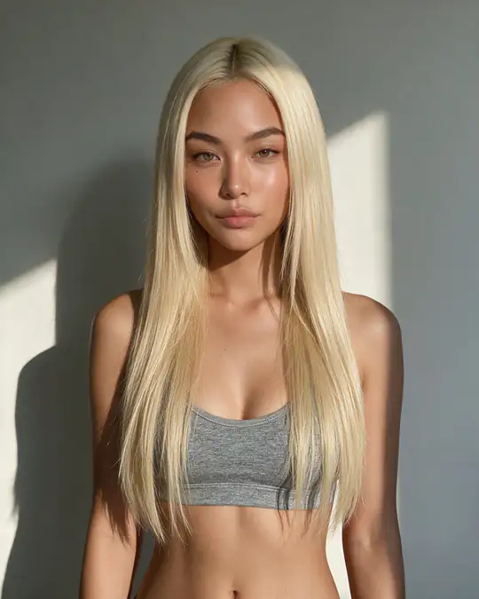 An AI influencer from her reference set, bust up view.