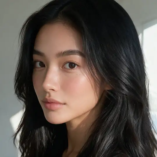 An AI influencer from her reference set, head three quarter view.